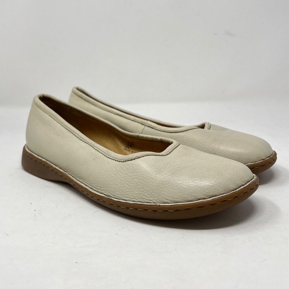 Lands End Landen Round Toe Comfort Flat Women Size 8.5D Cream Leather Slip On